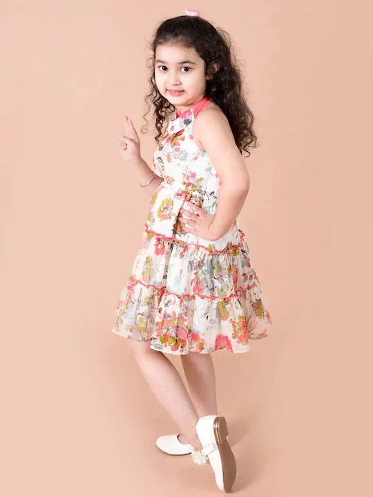 Girls Off White Red Floral Printed Chiffon Dress - Ps Peaches