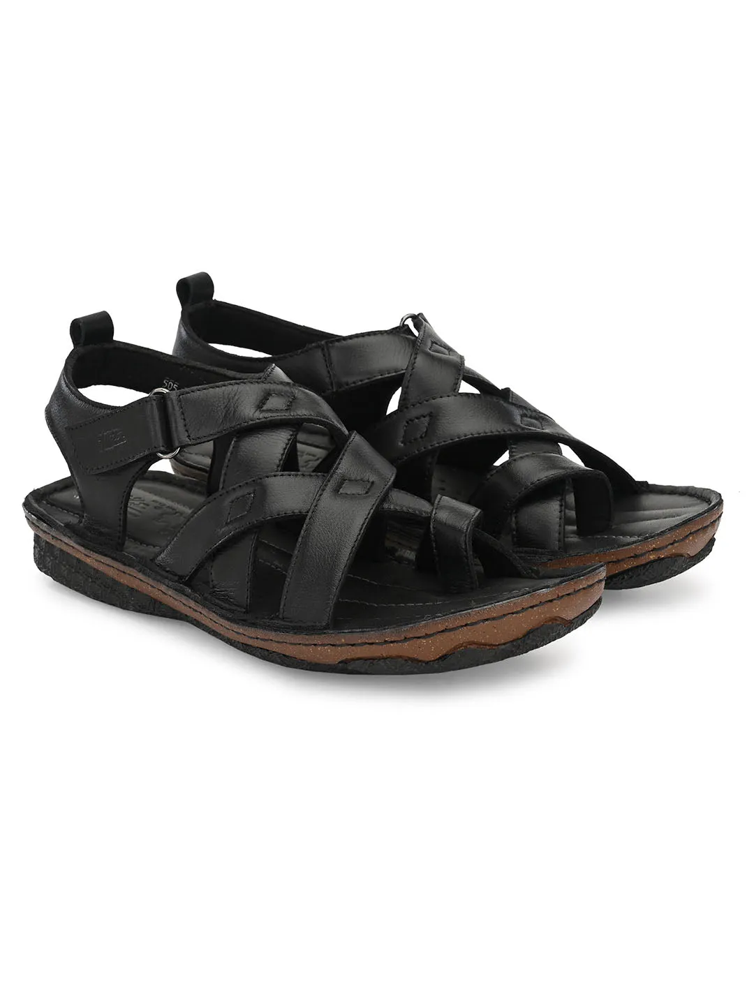 HITZ7346 Men's Black Leather Casual Velcro Sandals