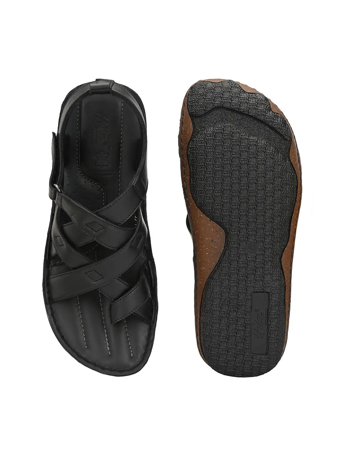 HITZ7346 Men's Black Leather Casual Velcro Sandals