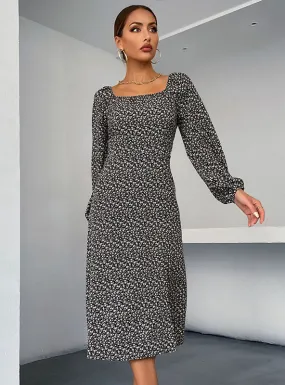 Long Sleeve Square Collar Split Floral Dress
