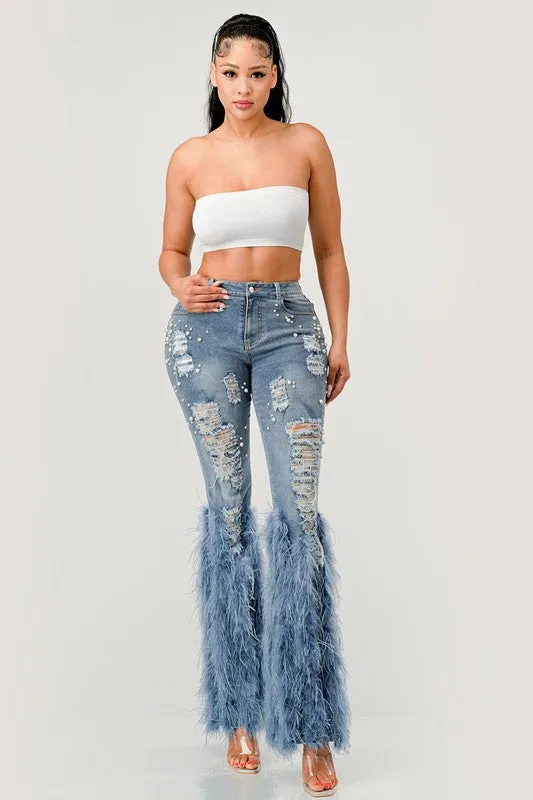 LuxePearl Feathered Distressed Jeans