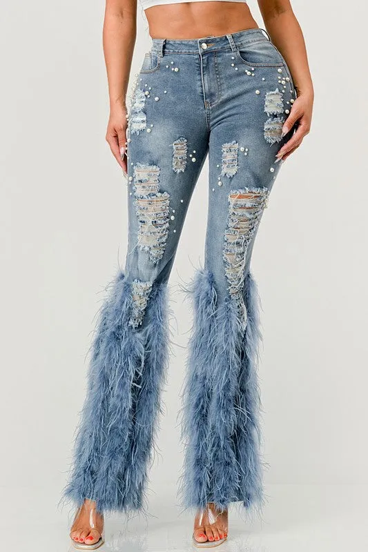 LuxePearl Feathered Distressed Jeans