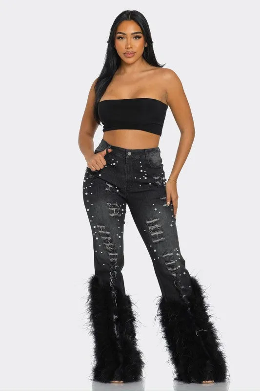 LuxePearl Feathered Distressed Jeans