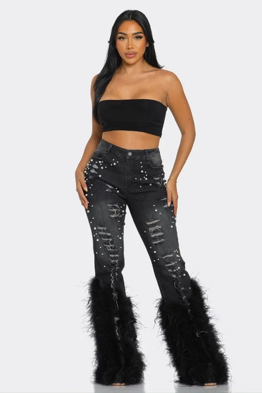 LuxePearl Feathered Distressed Jeans