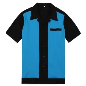Men Bowling Shirt Dress Rockabilly Short Sleeve White Red Blue Mid-Century Inspired Vintage Men Shirt