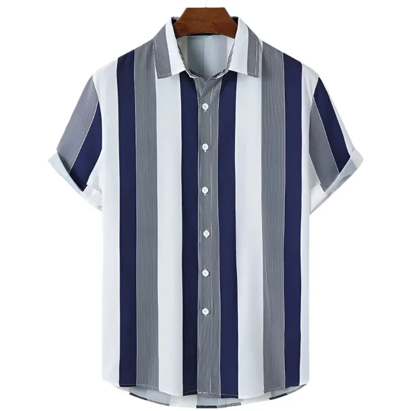 Men’s 3D Striped Short Sleeve Shirt – Oversized Casual Beachwear, Street Style Party Top and Holiday Sweatshirt