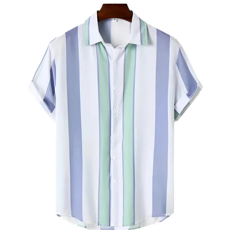 Men’s 3D Striped Short Sleeve Shirt – Oversized Casual Beachwear, Street Style Party Top and Holiday Sweatshirt