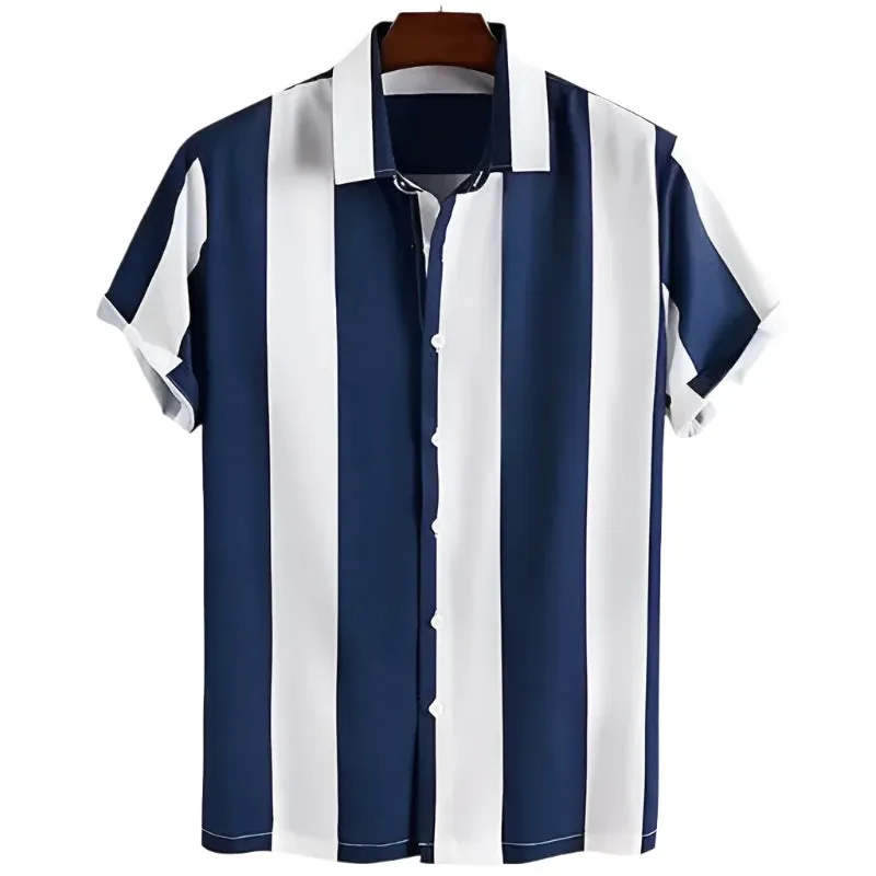 Men’s 3D Striped Short Sleeve Shirt – Oversized Casual Beachwear, Street Style Party Top and Holiday Sweatshirt