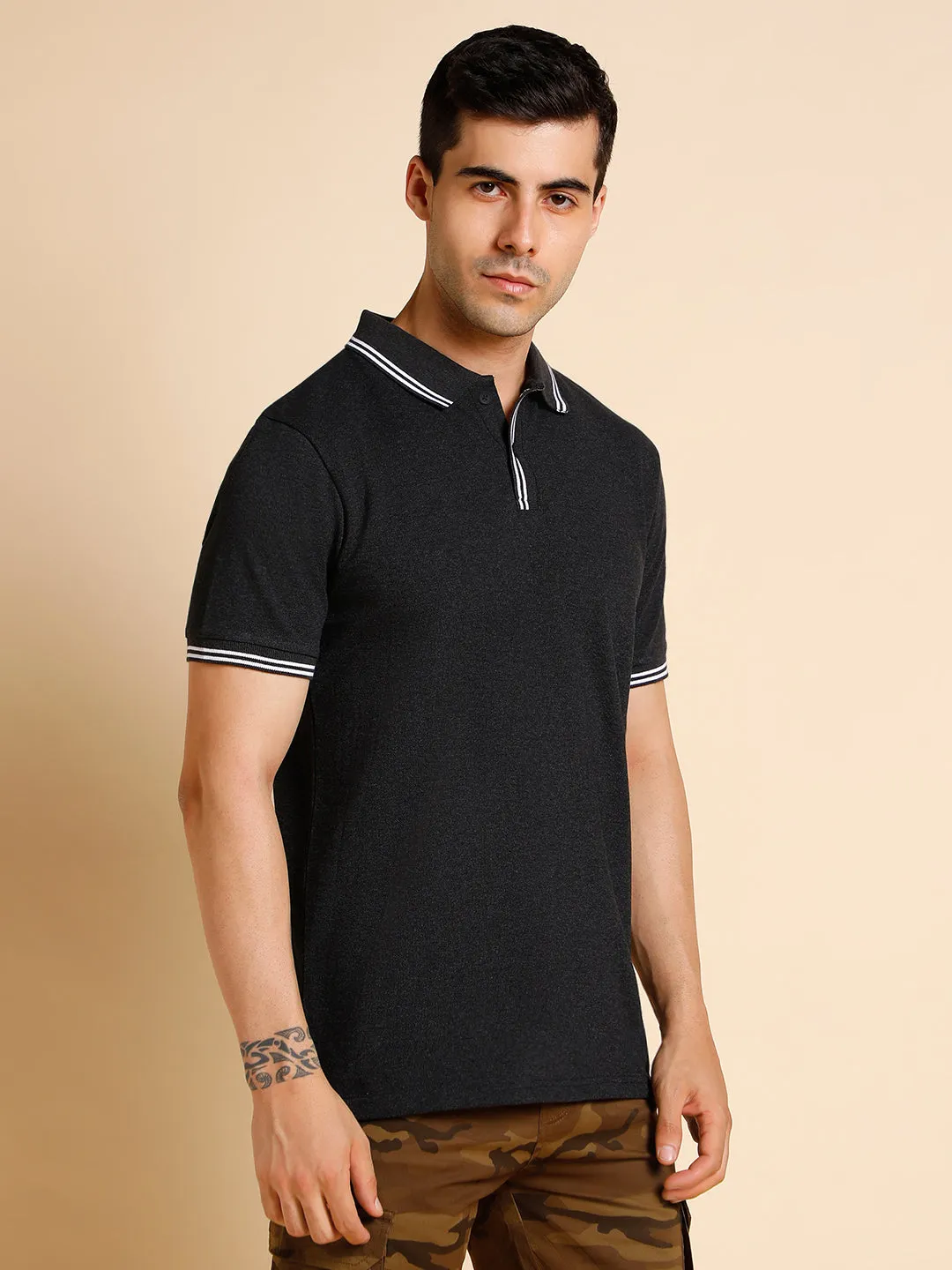 Men's Slim Fit  Solid Black Polo T-Shirt