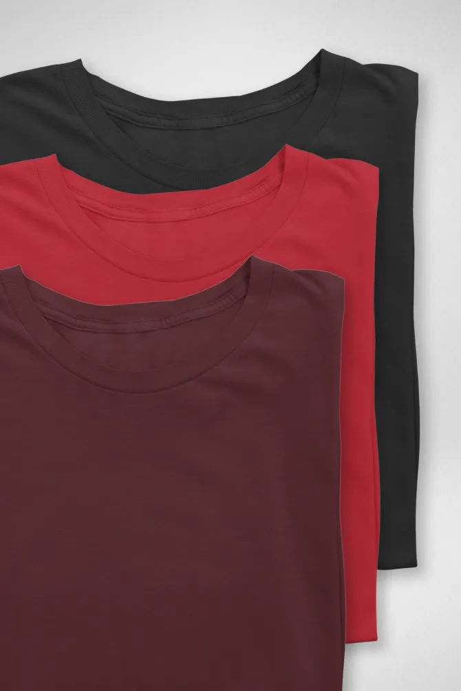 Pack Of 3 Plain T-shirts Black Maroon and Red for Women