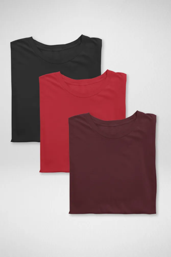 Pack Of 3 Plain T-shirts Black Maroon and Red for Women