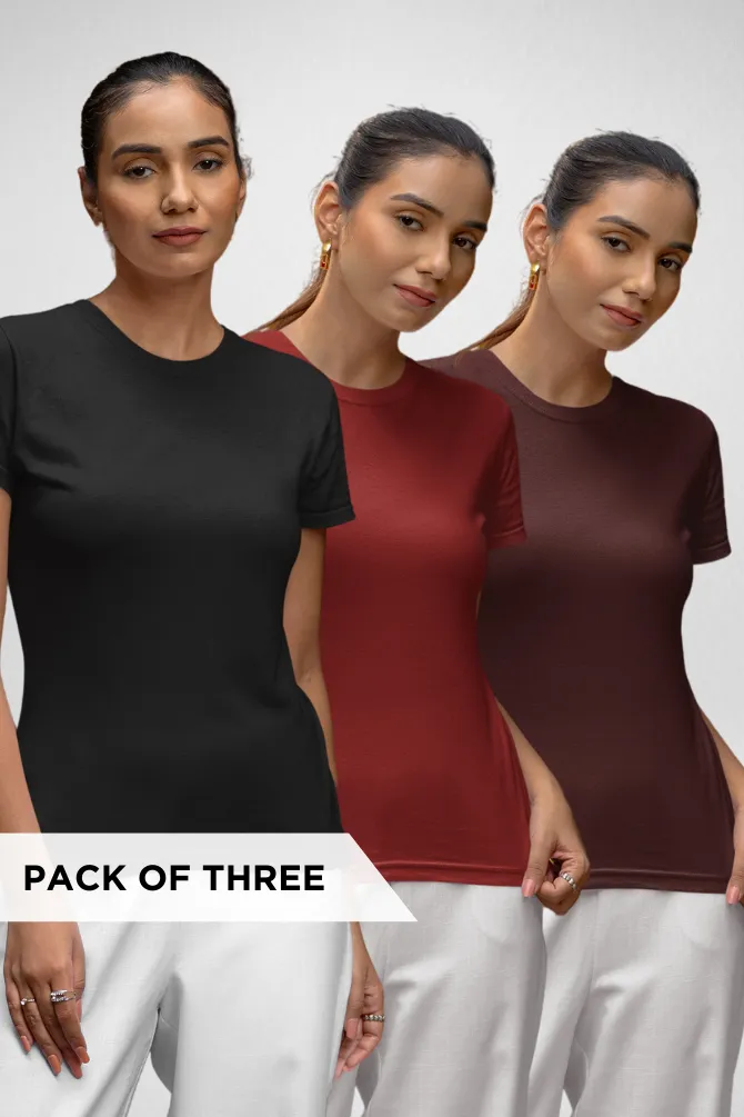 Pack Of 3 Plain T-shirts Black Maroon and Red for Women