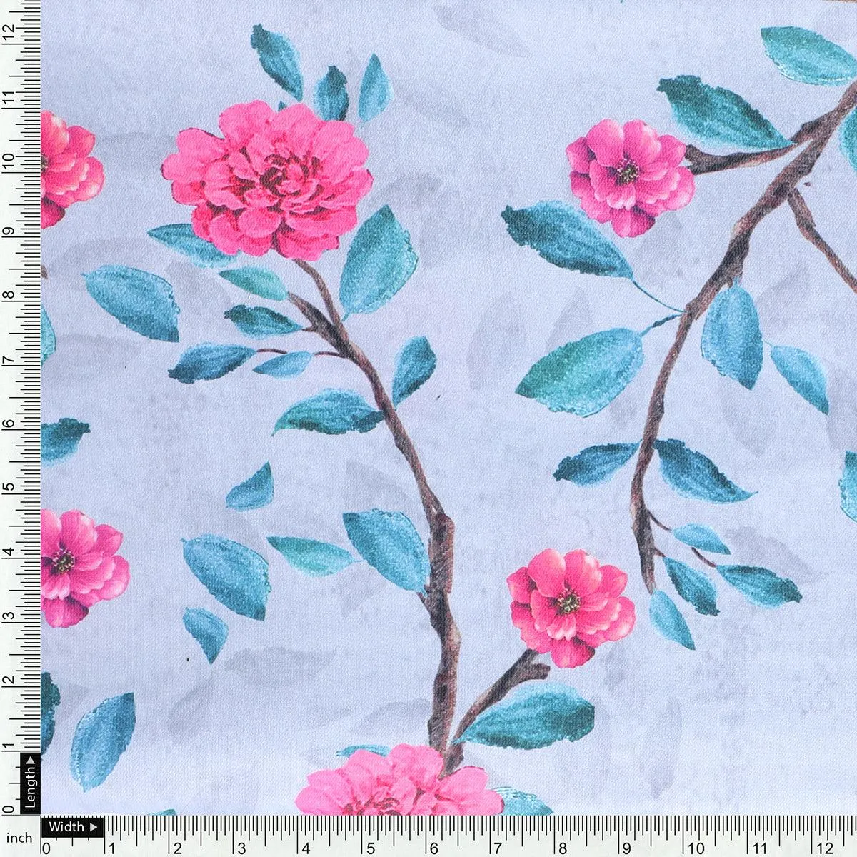 Pink Flower And Branch Digital Printed Fabric - Rayon
