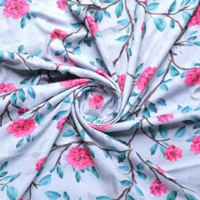 Pink Flower And Branch Digital Printed Fabric - Rayon