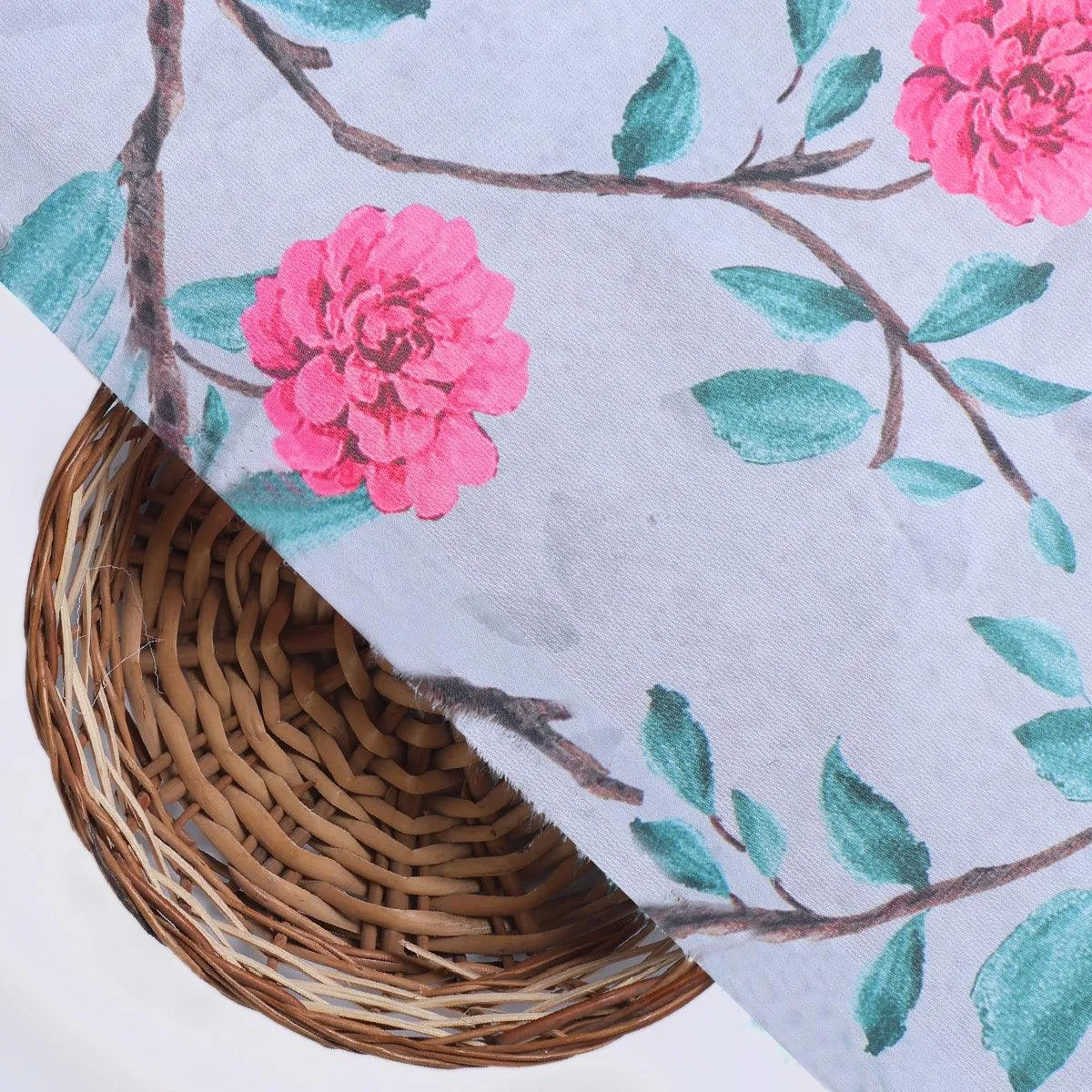 Pink Flower And Branch Digital Printed Fabric - Rayon