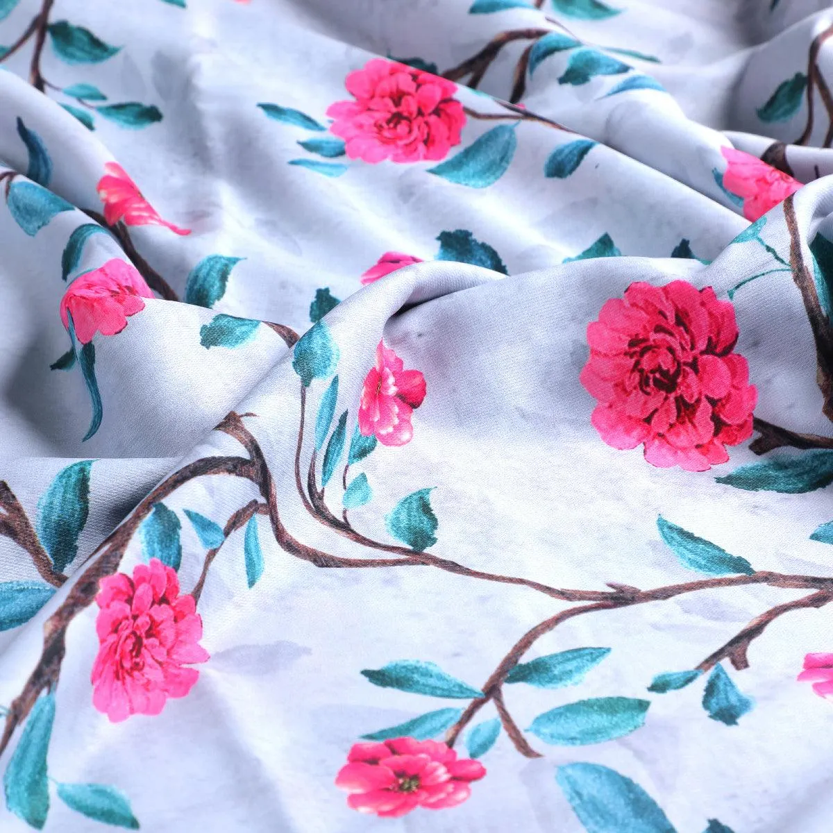 Pink Flower And Branch Digital Printed Fabric - Rayon
