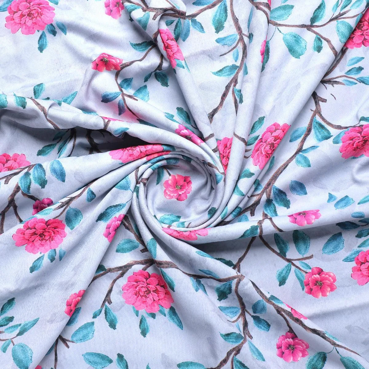 Pink Flower And Branch Digital Printed Fabric - Rayon