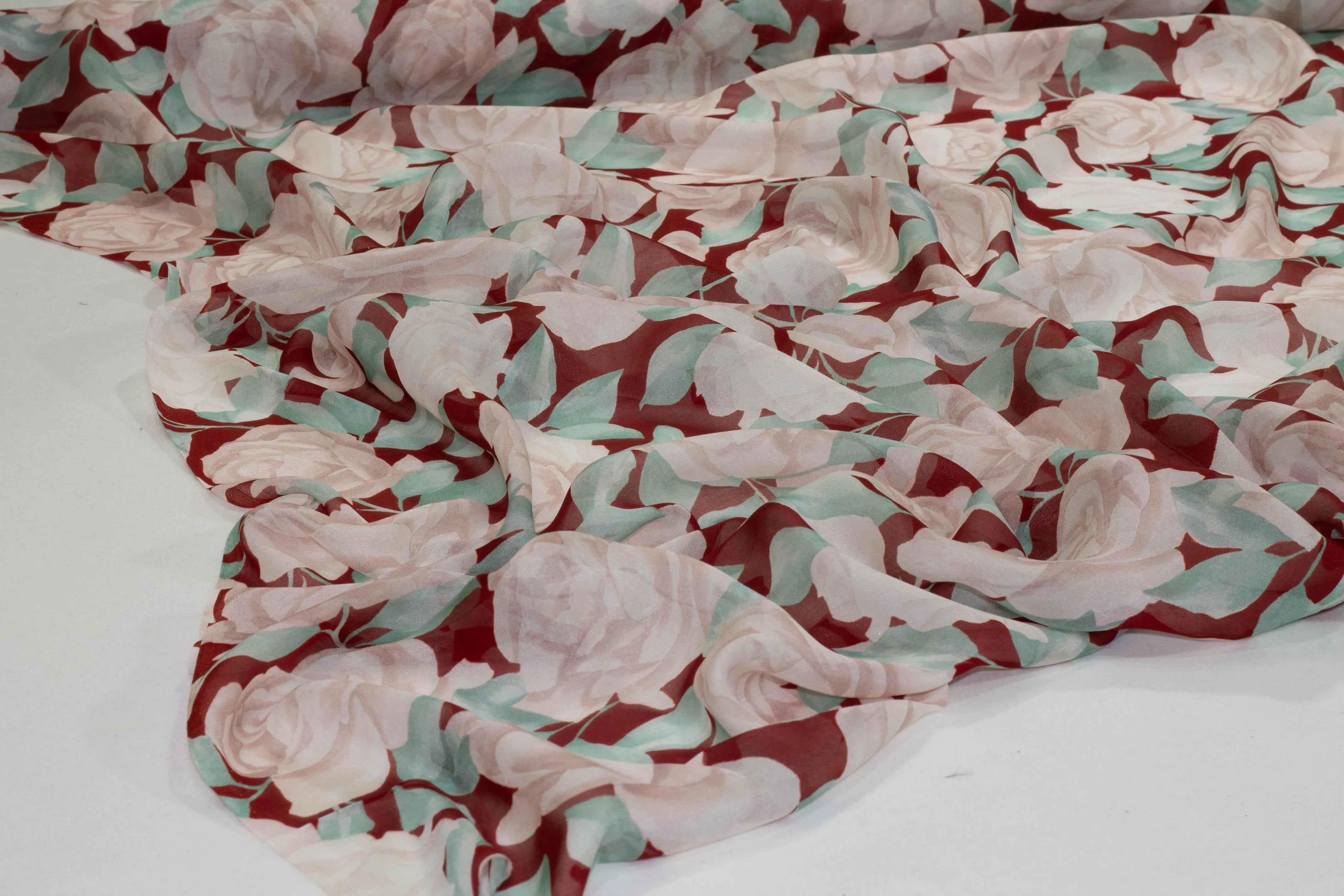 Red and Turquoise Floral Silk Chiffon