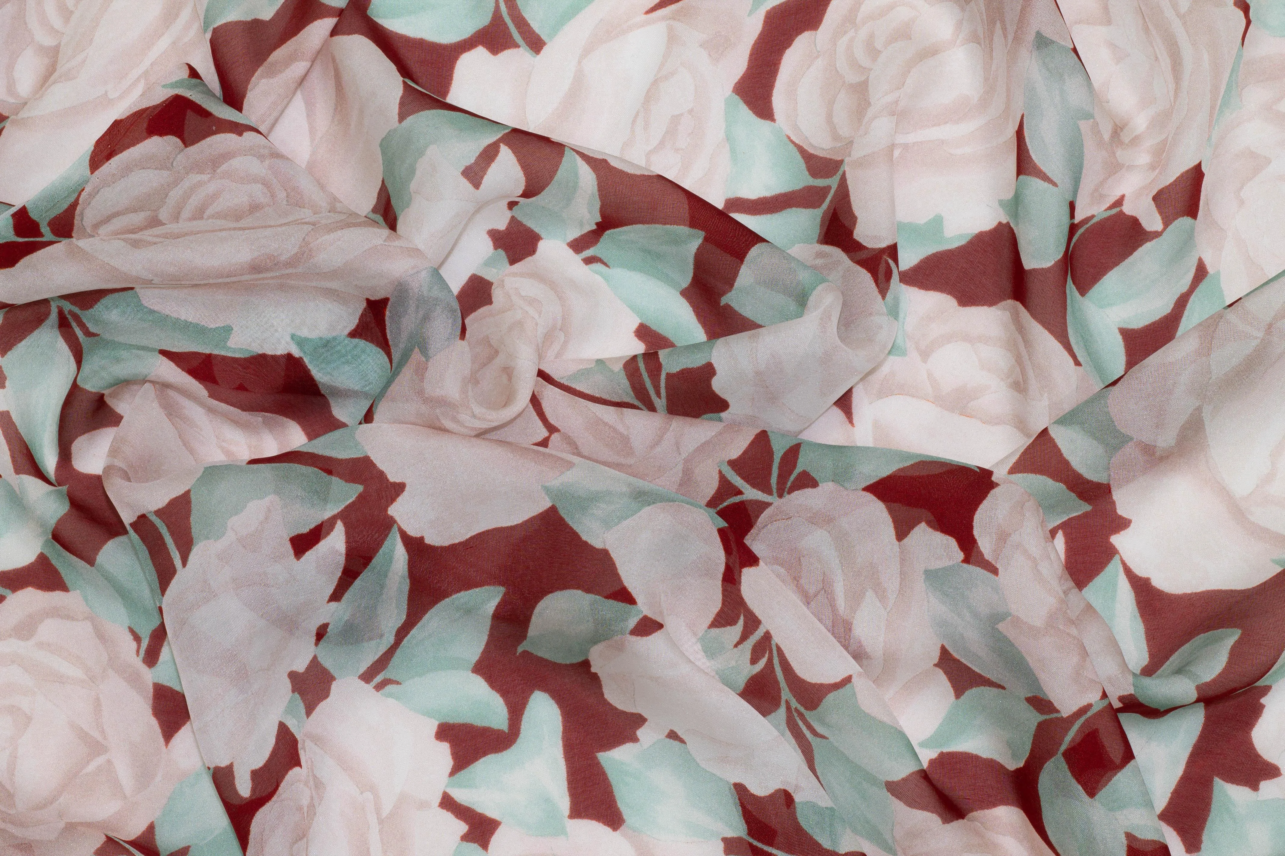 Red and Turquoise Floral Silk Chiffon