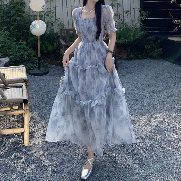 Retro Square Neck Wooden Ear Floral Dress