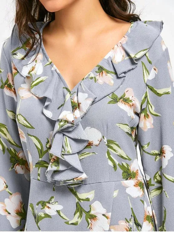 TastyHottie - Pretty V Neck Ruffle Hem Floral Print Dress