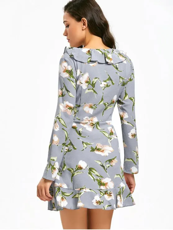 TastyHottie - Pretty V Neck Ruffle Hem Floral Print Dress
