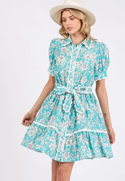 Vintage Floral Scalloped Mini Shirt Dress