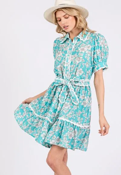 Vintage Floral Scalloped Mini Shirt Dress