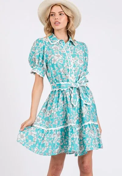Vintage Floral Scalloped Mini Shirt Dress