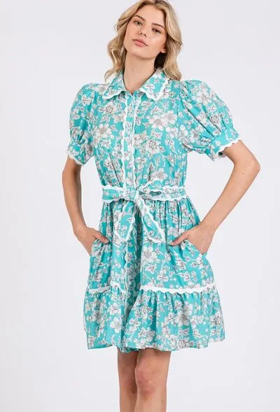 Vintage Floral Scalloped Mini Shirt Dress