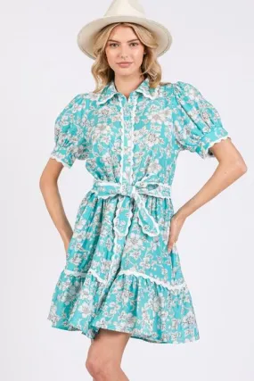Vintage Floral Scalloped Mini Shirt Dress