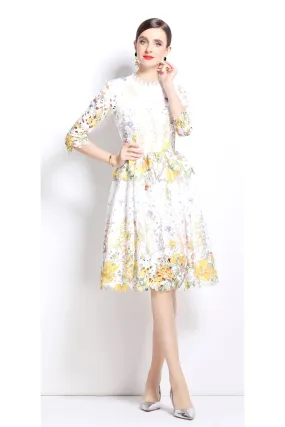 Womens Layered Ruffle Floral Lace Midi Dress