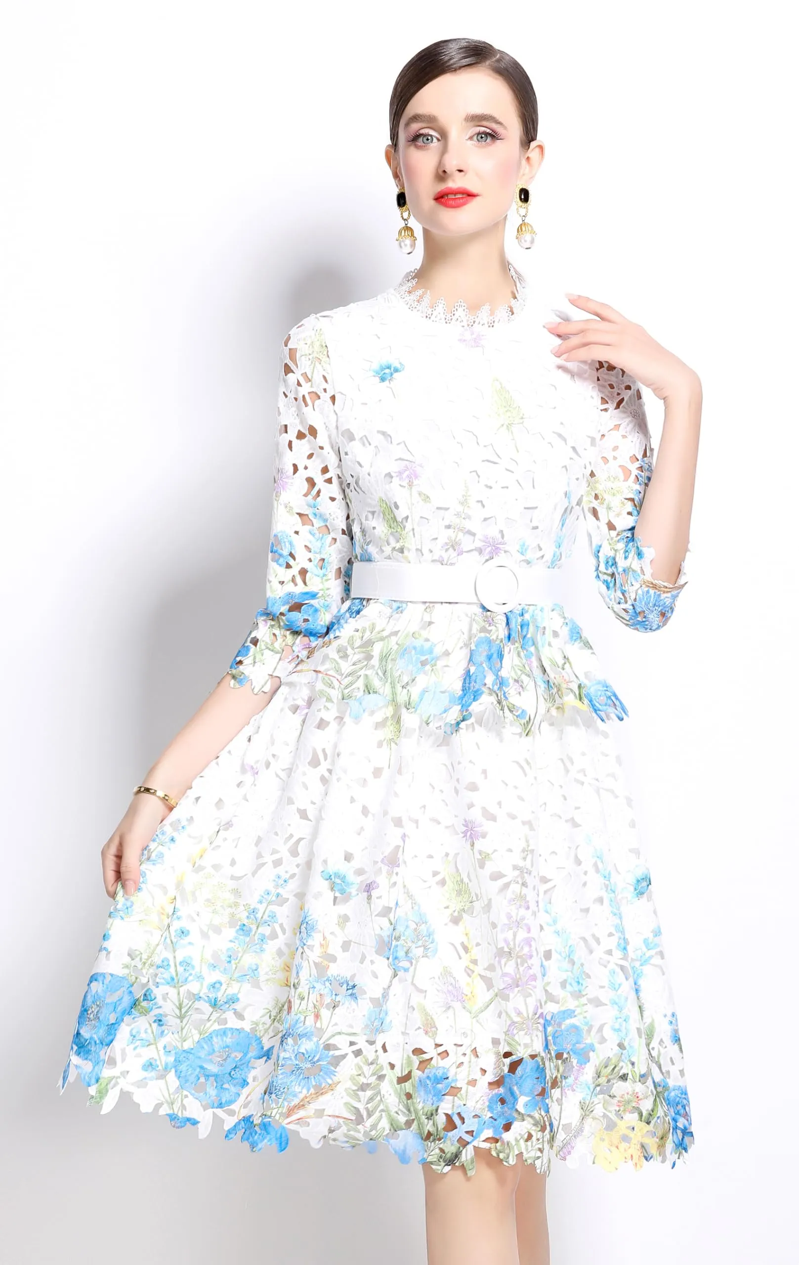 Womens Layered Ruffle Floral Lace Midi Dress