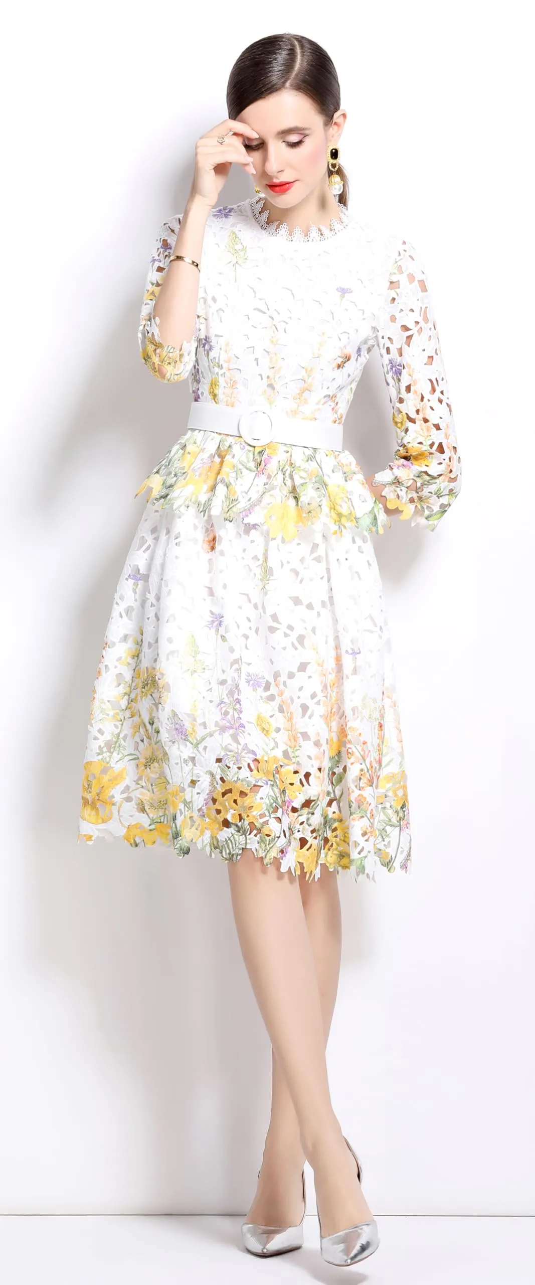 Womens Layered Ruffle Floral Lace Midi Dress