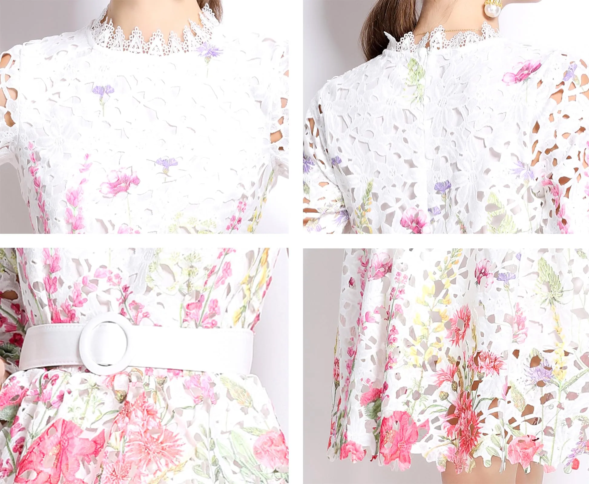 Womens Layered Ruffle Floral Lace Midi Dress