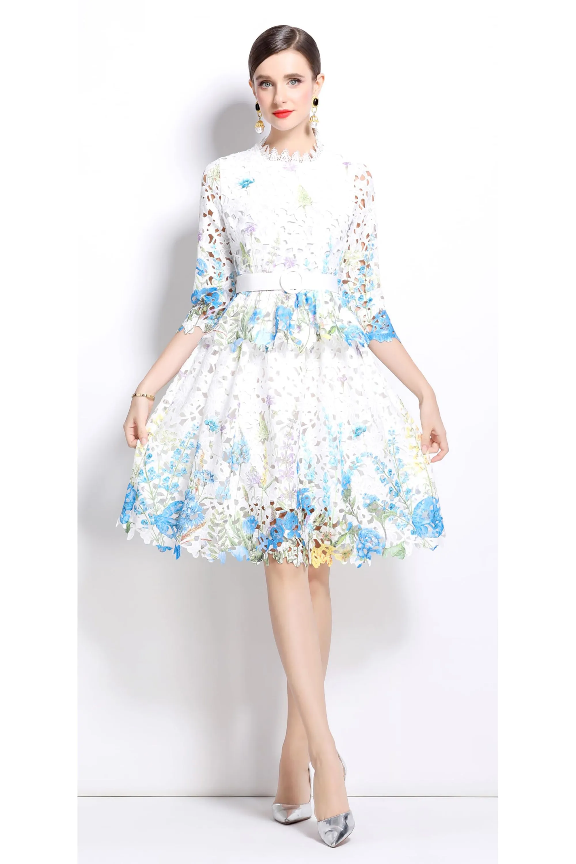 Womens Layered Ruffle Floral Lace Midi Dress