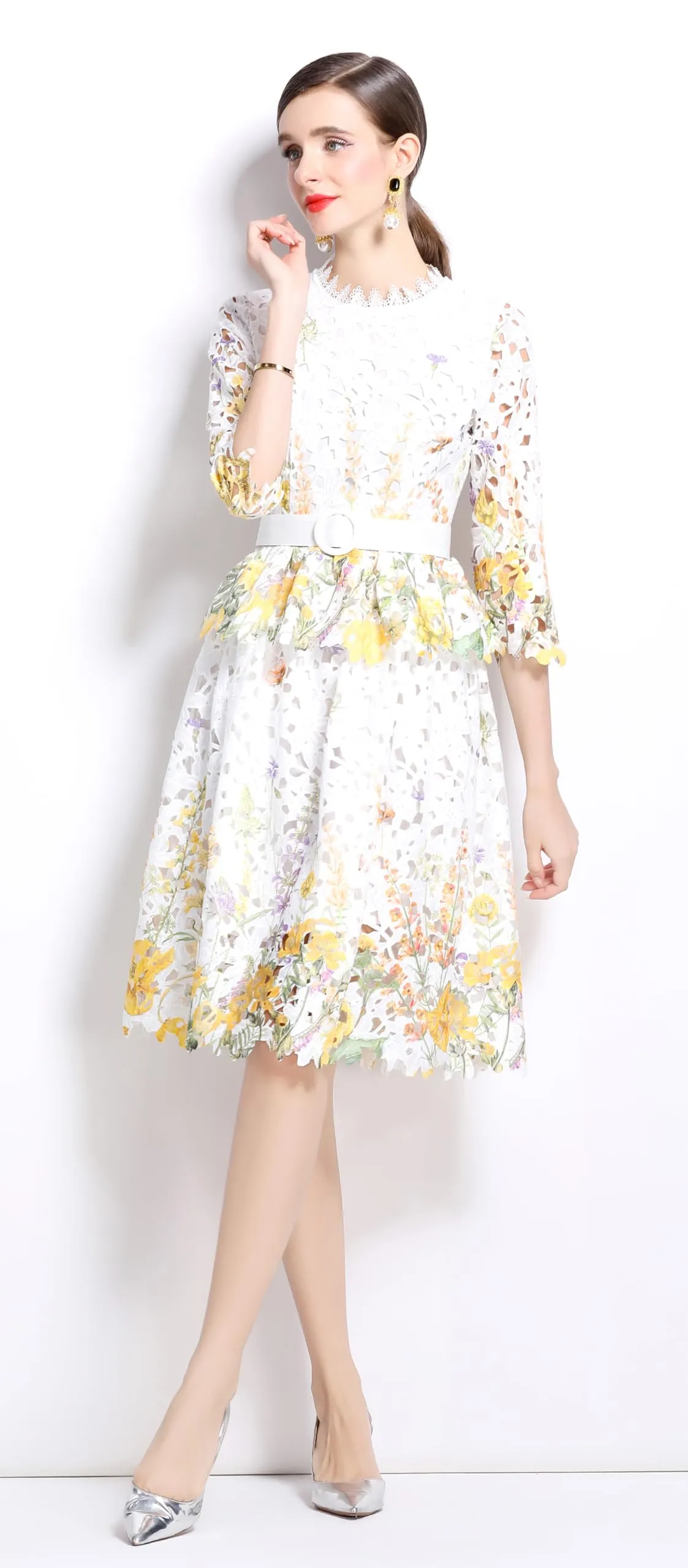 Womens Layered Ruffle Floral Lace Midi Dress