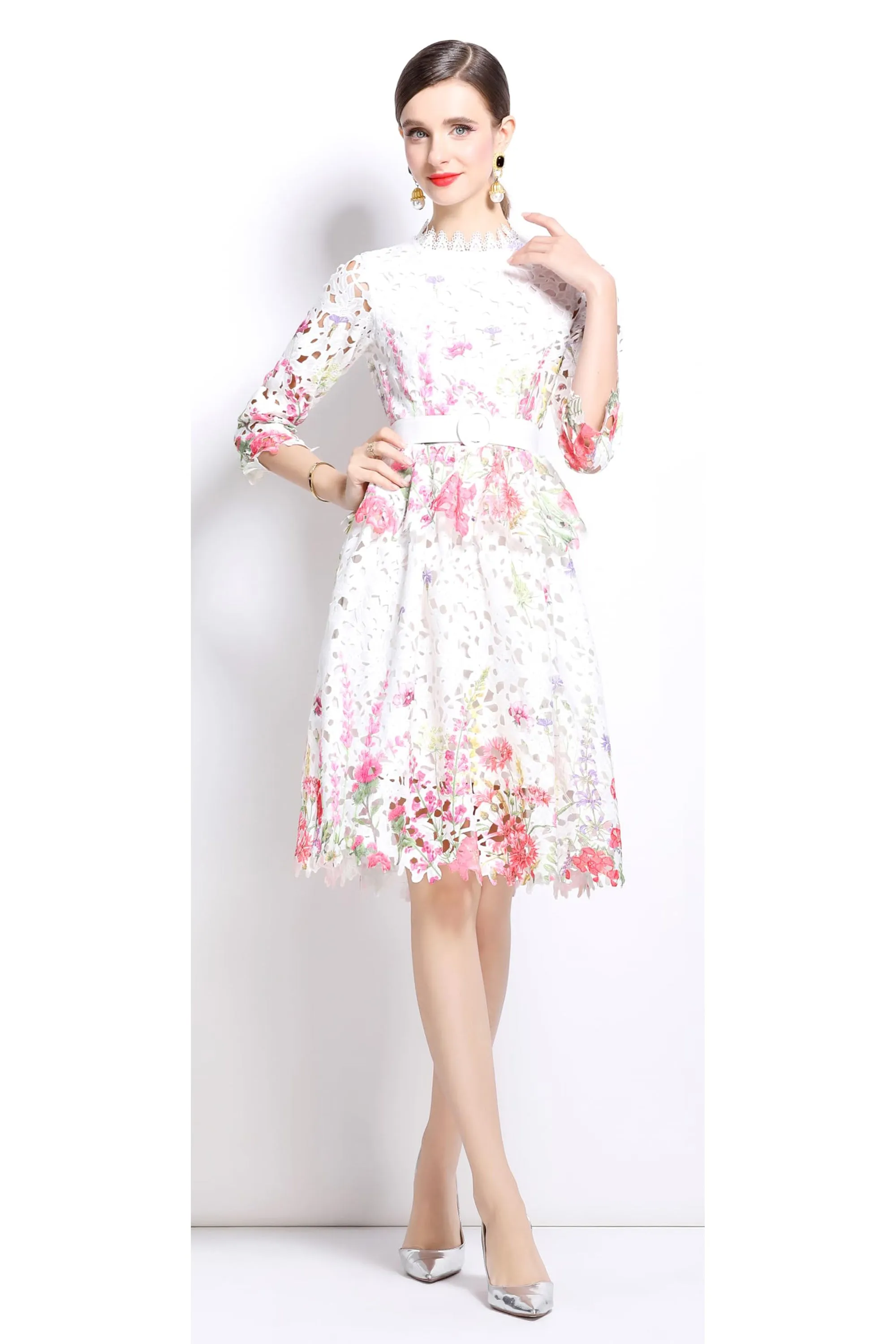 Womens Layered Ruffle Floral Lace Midi Dress