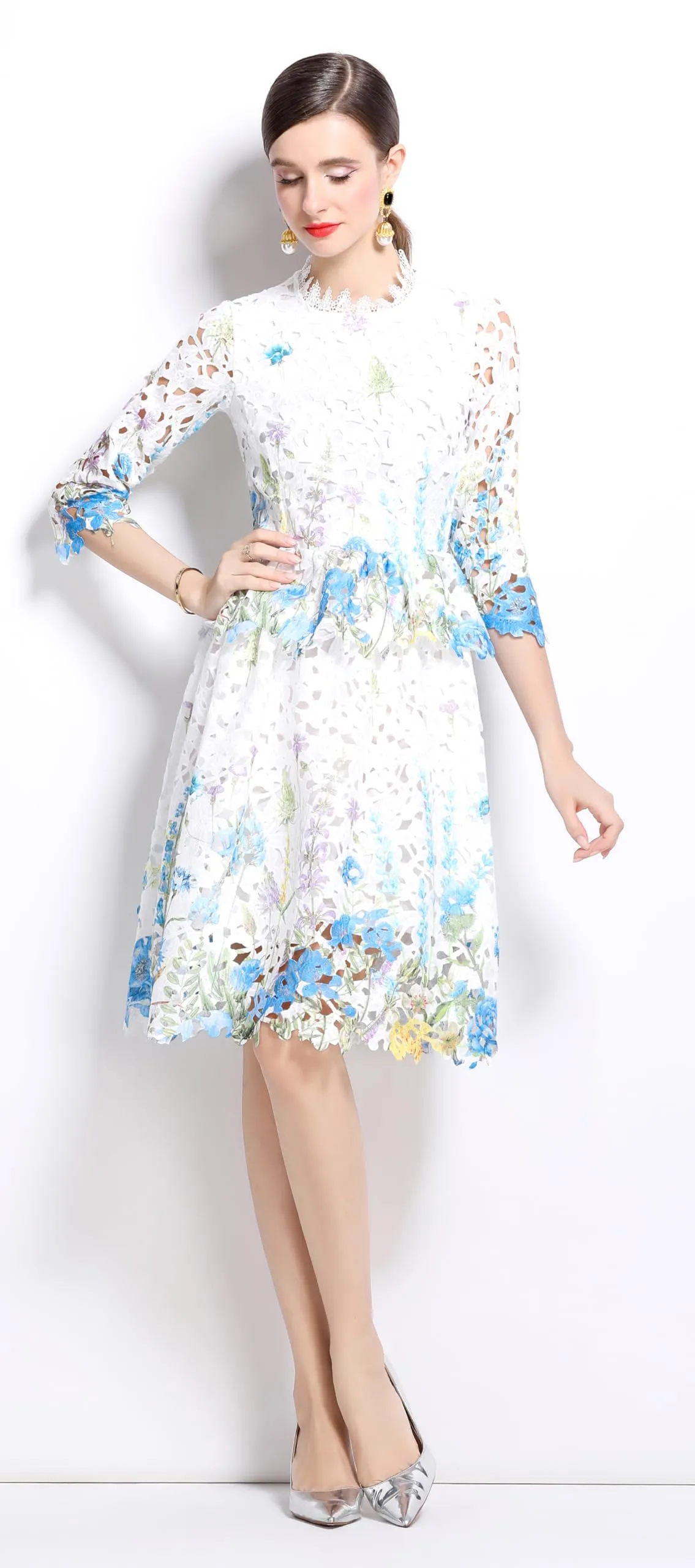 Womens Layered Ruffle Floral Lace Midi Dress