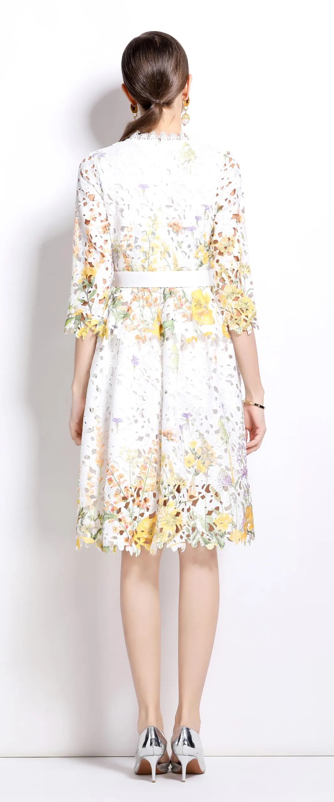 Womens Layered Ruffle Floral Lace Midi Dress