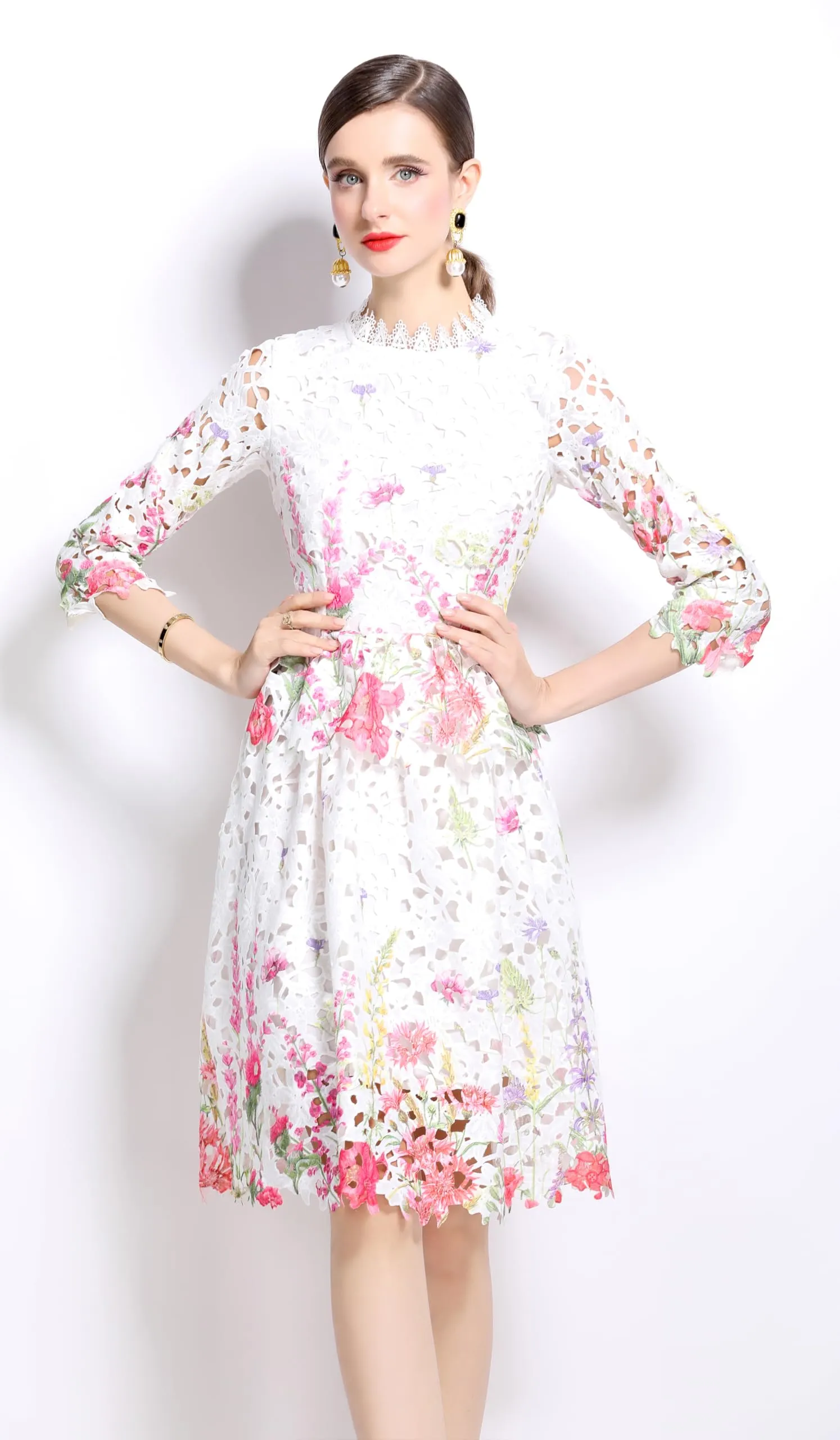 Womens Layered Ruffle Floral Lace Midi Dress