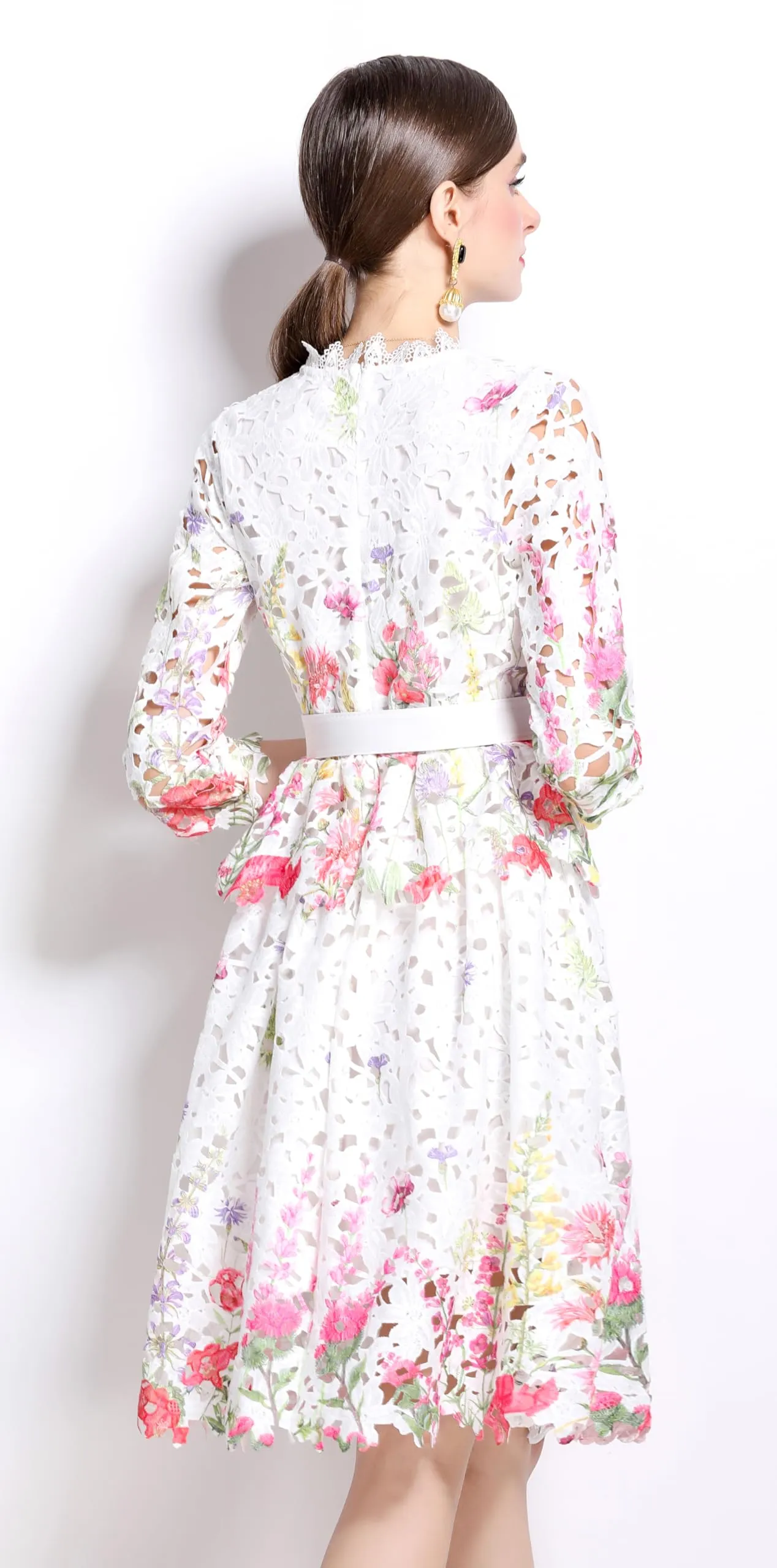 Womens Layered Ruffle Floral Lace Midi Dress