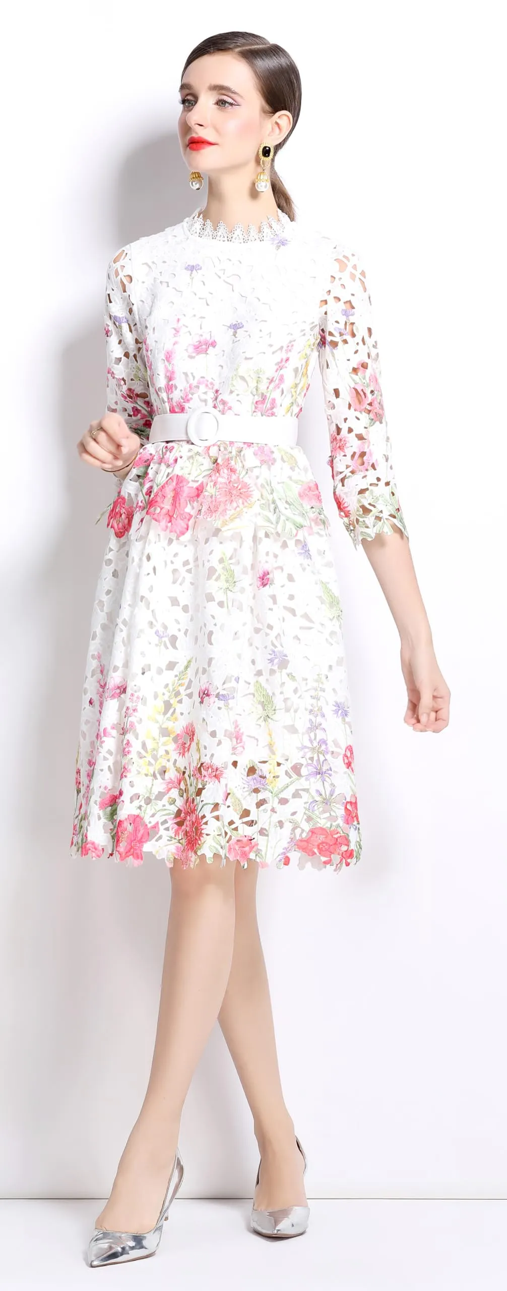 Womens Layered Ruffle Floral Lace Midi Dress