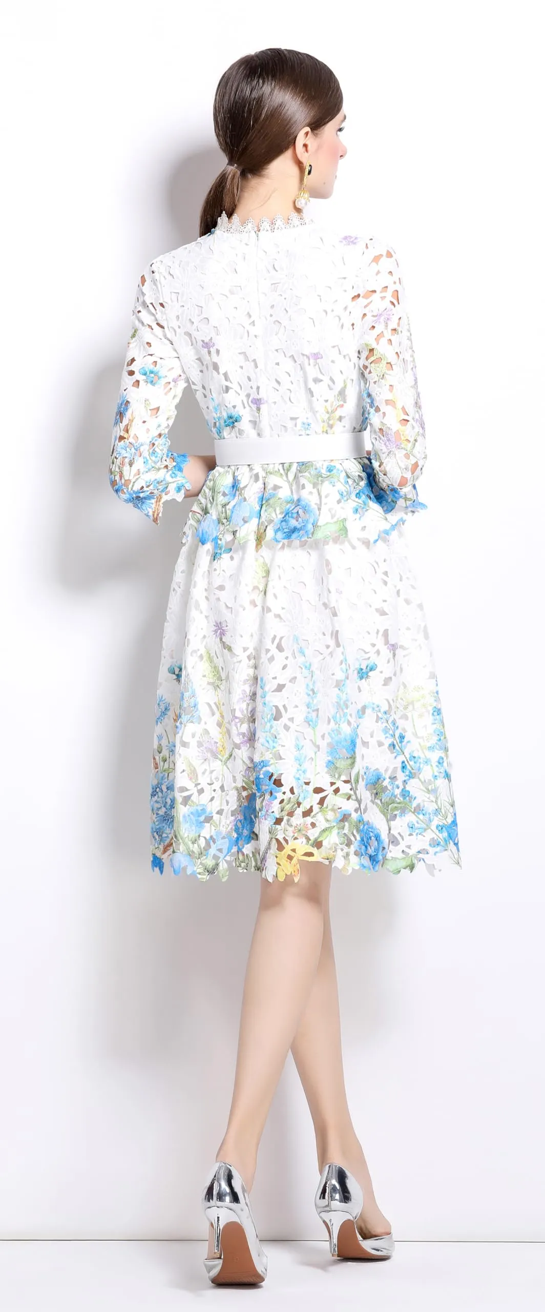 Womens Layered Ruffle Floral Lace Midi Dress